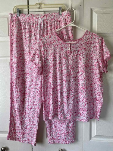 Ralph Lauren Womens 2-pc Pajama Set Shirt PJ Crop Pants Logo Size L Floral Pink - Picture 1 of 13