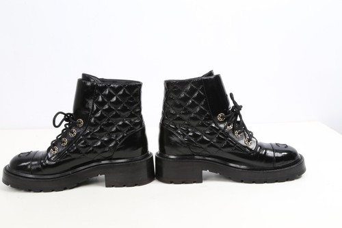 CHANEL Quilted Black Patent Leather Lace Up Logo CC Logo Combat Boots Size 36 - Picture 15 of 19