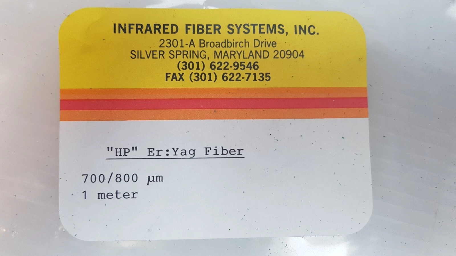 Infrared Fiber Systems label: "HP" Er:Yag Fiber, 700/800 µm, 1 meter