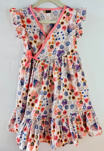 TEA COLLECTION PEACH BLUE&WHITE FLORAL PRINT RUFFLED WRAP COTTON DRESS*5