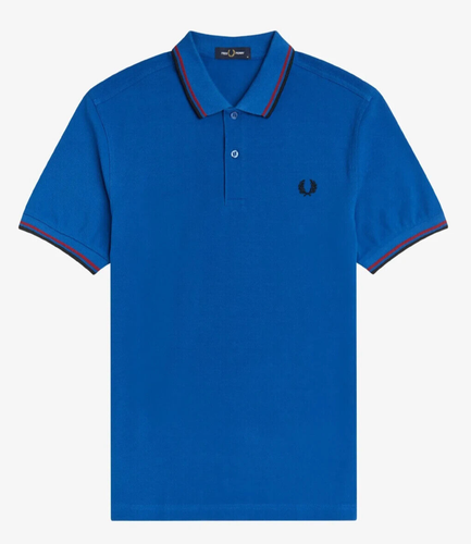 Brandneu Original Fred Perry Twin Tipped Polo, M3600-N05, mittelblau/claret, Größe XS