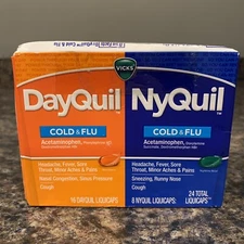 Vicks DayQuil & NyQuil Cold & Flu Liquicaps 24 Total NEW DAMAGED BOX Exp 10/25+