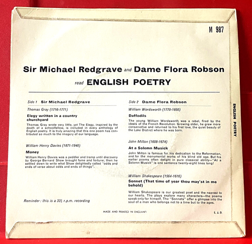 Michael Redgrave/Flora Robson Gray's Elegy/Daffodils 7" EP PC UK ORIG 1964 VINYL - Imagen 2 de 8