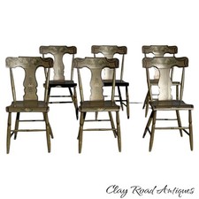 antique paint decorated plank seat Windsor style chairs original paint 1850 6 pc