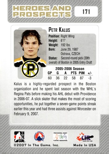 Petr Kalus - Signed 2006-07 In The Game Heroes And Prospects Card #171 - Picture 2 of 2