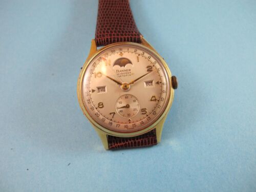 BANNER RECORD MENS DATOFIX  107C TRIPLE DATE MOONPHASE VINTAGE WATCH - Photo 1/15