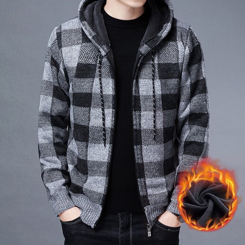 Men's Fleece Thickened Cardigan Knit Sweater / Male Hooded Add Wool Jacket Coat - Bild 2 von 13