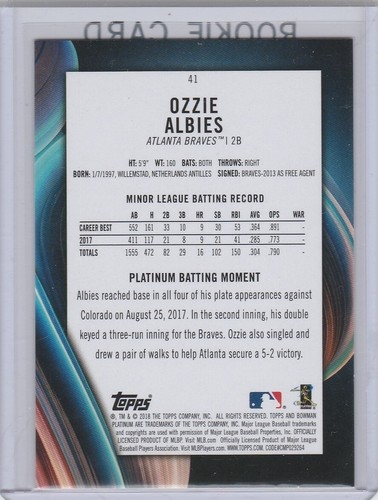 Ozzie Albies Rookie Card Bowman Platinum ICE RC Atlanta Braves 2018 Baseball - Bild 2 von 2