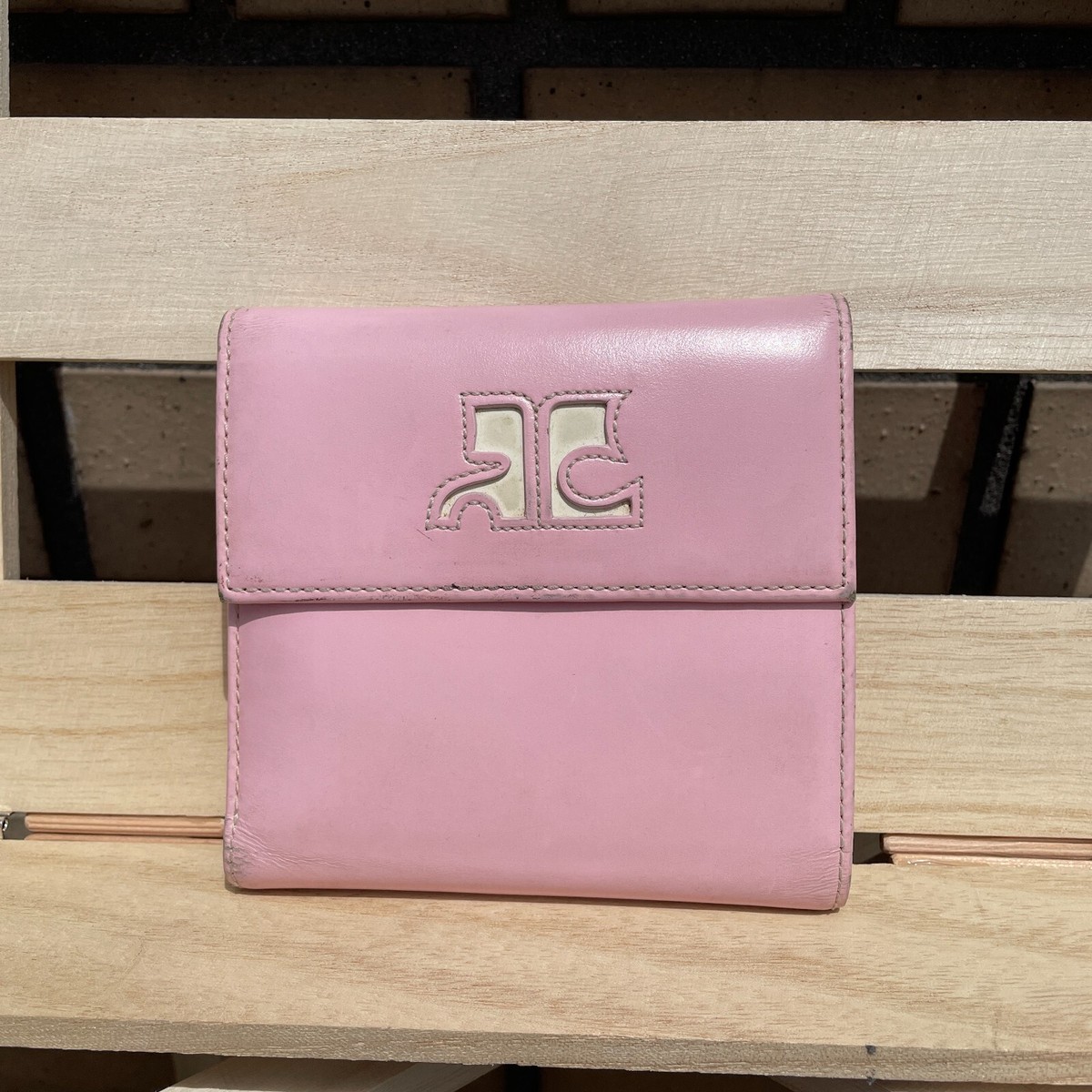 Vintage Courreges Big Logo Folded Wallet Purse Pink Leather