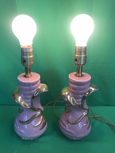 Vintage MCM Art Deco C. Miller 1956 Ceramic Pair of Table Lamps 13” Pink w/ Gold - Picture 13 of 20