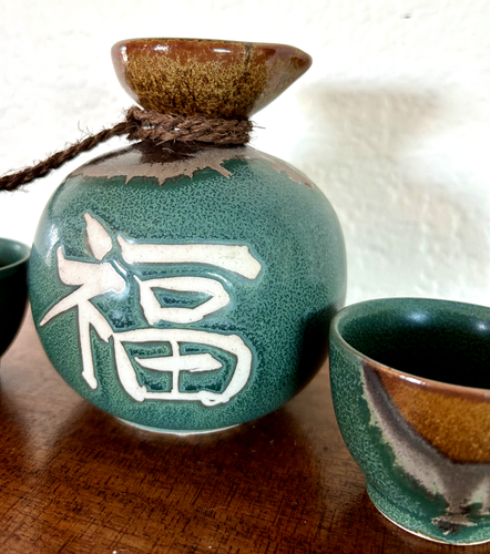 Juego de té de sake de cerámica esmalte por goteo Kafuh Japón jarra y dos tazas verde profundo - Imagen 3 de 14