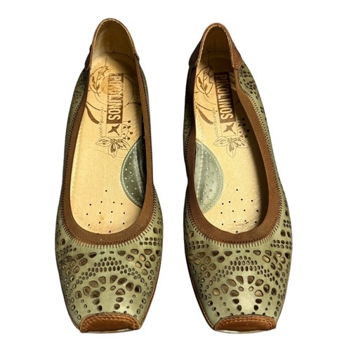 Pikolinos Womens Sz 39 Perforated Leather Flats Green Brown Square Toe Low Heel