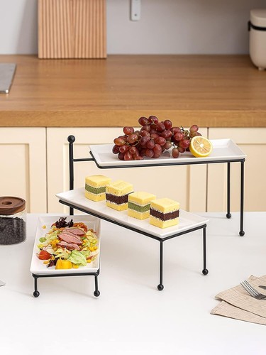 Space-Saving 3-Tier Serving Tray Stand with 14.5" White Platters - Easy Assembly - Picture 7 of 8