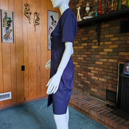 Vintage 90s Sassy Secretary Navy Double Breasted Tuxedo Blazer Cocktail Dress S - Picture 5 of 10