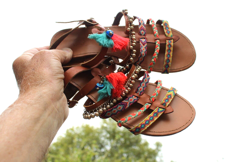 Premiere Cuir Beaded Evil Eye Protection Leather Sandals Size 37 EU- 7.5 US - Picture 13 of 13