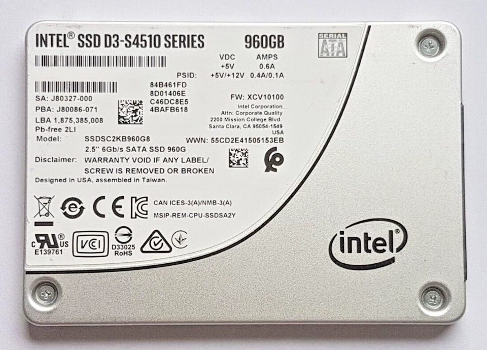 960 GB SATA Intel SSD D3-S4510 Series SSDSC2KB960G8 3D-NAND TLC 2.5" Festplatte