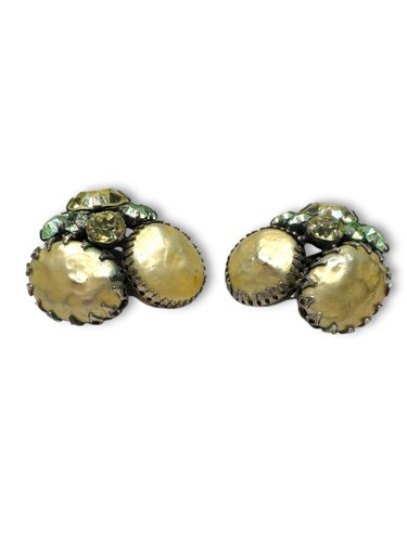 Regency Silver Tone Faux Pearl Green Yellow Crystal Earrings Bracelet Set - Picture 14 of 18