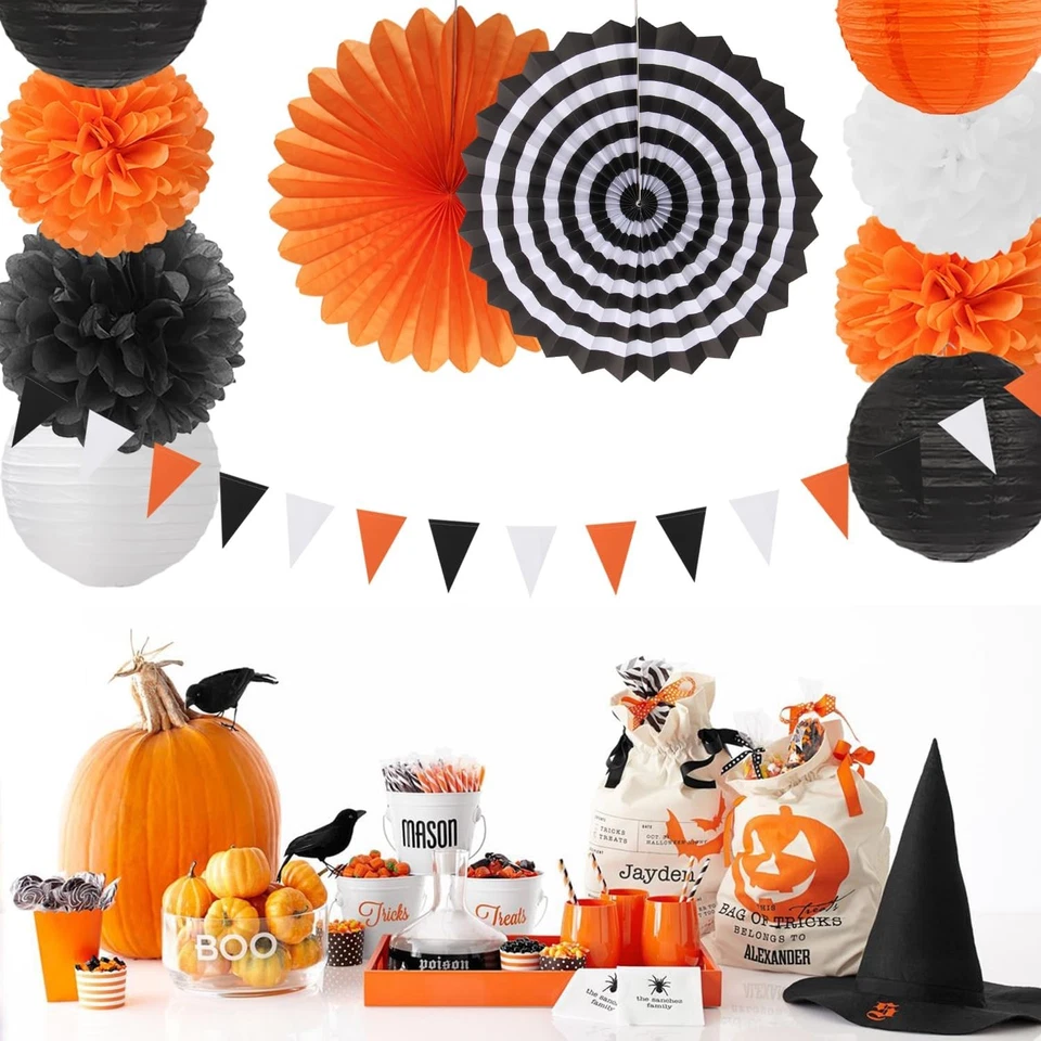 Naranja-Negro Blanco Fiesta-Decoraciones Papel-Flores Linternas - 20 PIEZAS Halloween Ti Foto 4 de 4