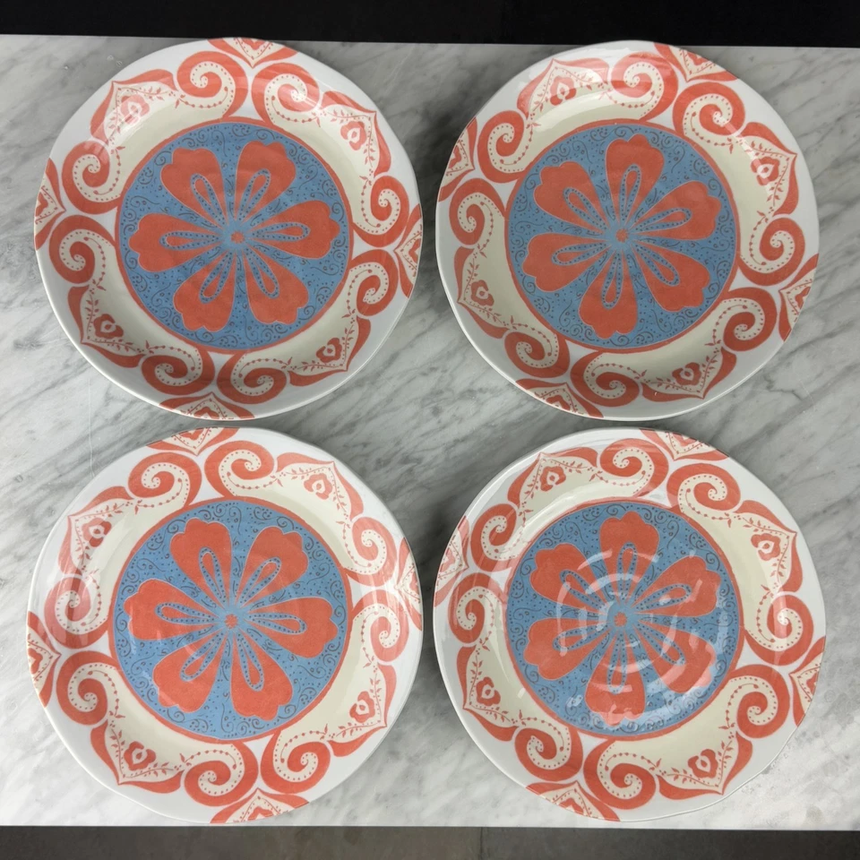 Set Of 4 Anthropologie 10.5" Dinner Plates Blue & Red Orange Flower Japan - Image 2 of 4