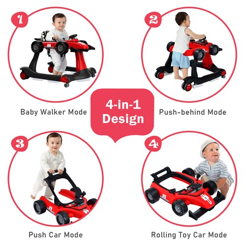 Babyjoy Baby 4-in-1 Walker Foldable Activity Push Walker Adjustable Height Red - Picture 9 of 10