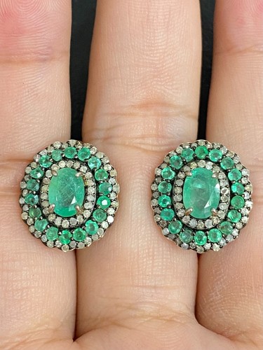 NATURAL EMERALD 7X5 NATURAL DIAMOND STERLING SILVER 925 RING EARRING - 第 4/13 張圖片