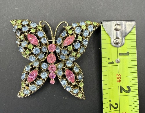 Vintage Butterfly Large Pin Brooch Pink Blue Green Rhinestones Gold Tone - Picture 7 of 9