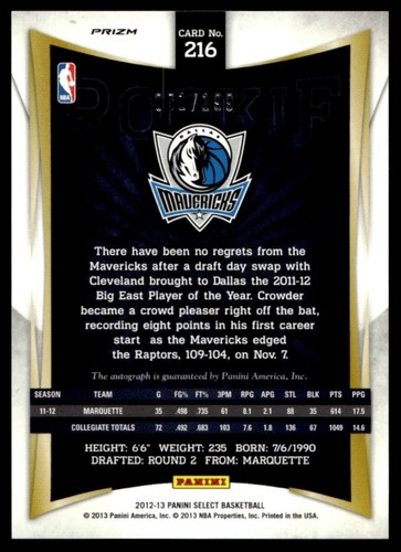 2012-13 Panini Select SILVER Jae Crowder Auto /199 Mavericks #216 A6 - Picture 2 of 2