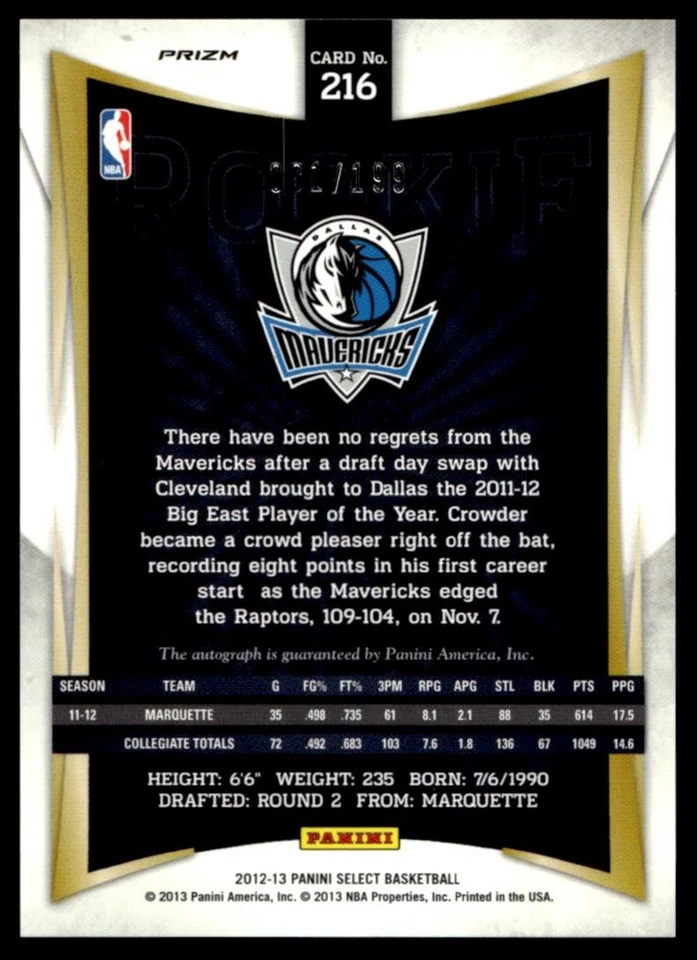 2012-13 Panini Select SILVER Jae Crowder Auto /199 Mavericks #216 A6 - Image 2 of 2