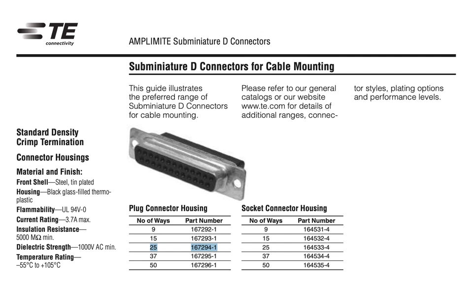 TE Connectivity 167294-1 AMPLIMITE HDP-20 25-Pin D-Sub Male Plugs Connectors 9x - Image 4 of 4