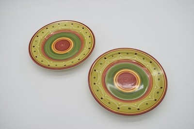 2- Pier 1 ETRUSCO 8'' Salad Plates Handpainted Green Yellow Red Swirl Plate Italy