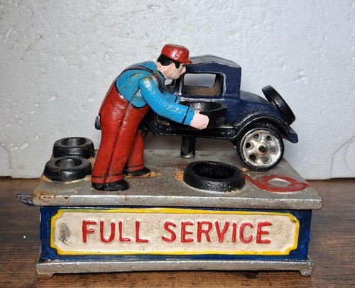 Full Service Mechanical Bank Cast Iron Auto Car Home Man Cave Barn Decor - Picture 3 of 5