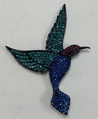 Rare Huge Thelma Deutsch Signed Rhinestone Gunmetal Hummingbird Brooch - Picture 1 of 7