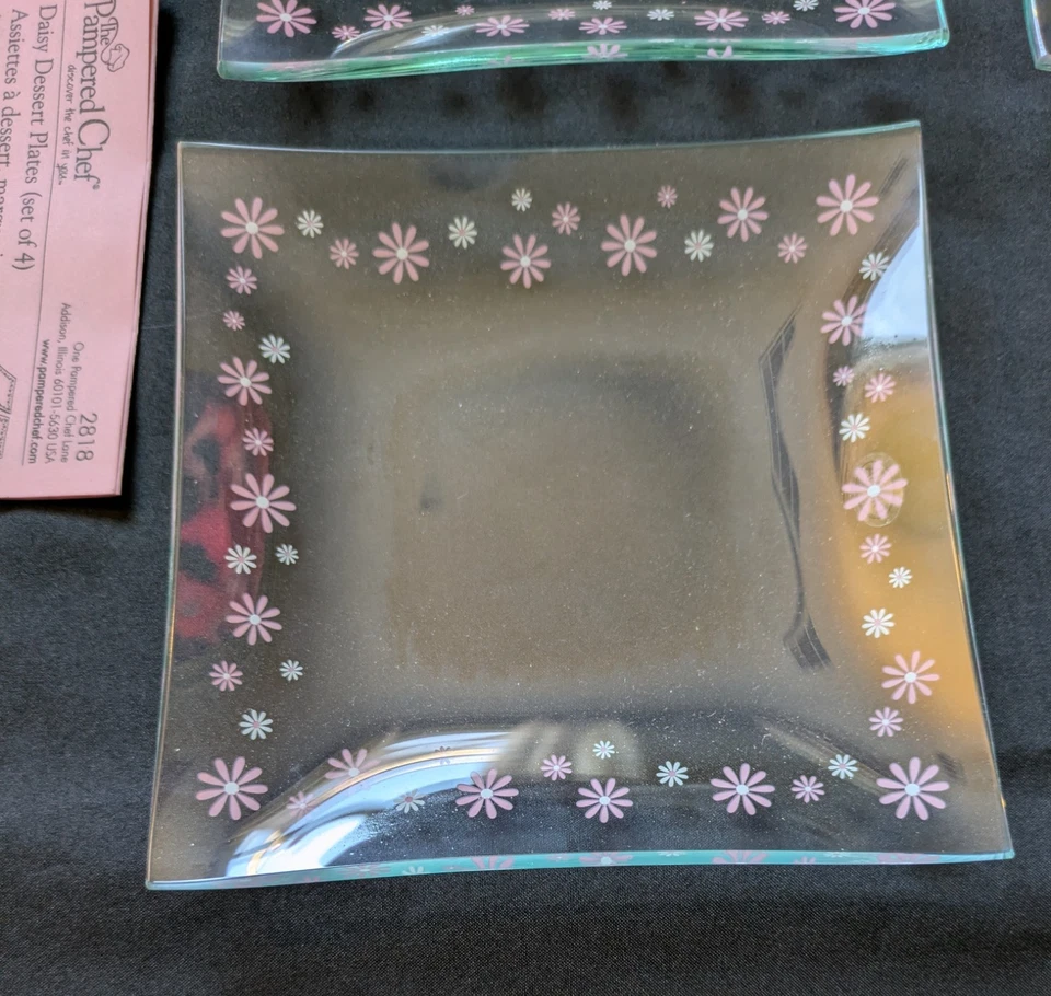 Pampered Chef 6” Square Glass Pink Daisy Dessert Plates Set of 4 #2818 New - Image 4 of 4
