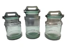 3 Vintage LE Smith Milk Cans - Green Glass Jar Canister w/ Lid 2 @ 8" & 1 @ 11”