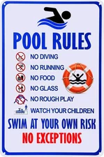 Tin Metal Signs Home Décor Pool Rules with Their own Risk Swimming Water 8x12