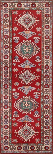 Geometric Handmade Red Kazak Oriental Runner Rug 3x10 Ft Traditional Wool Carpet - Picture 1 of 19