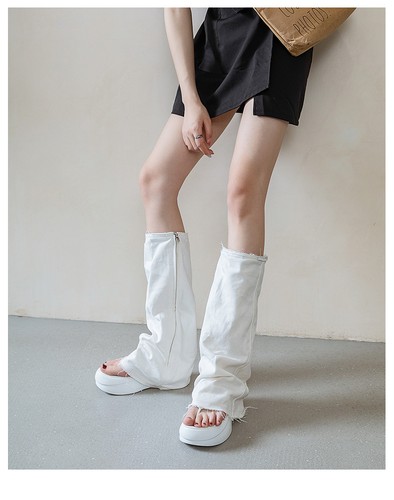 Damen Neu Clip Toed Dicke Sohlen Denim Lange Stiefel Nische Sichtbare Spitze Flache Stiefel - Bild 17 von 23
