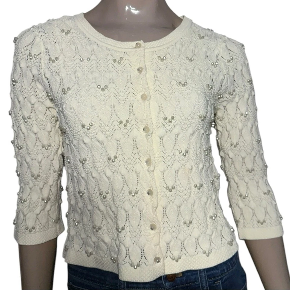 Cárdigan Yoana Baraschi para mujer talla L crema marfil tejido a ganchillo brillantes con cuentas Foto 2 de 4