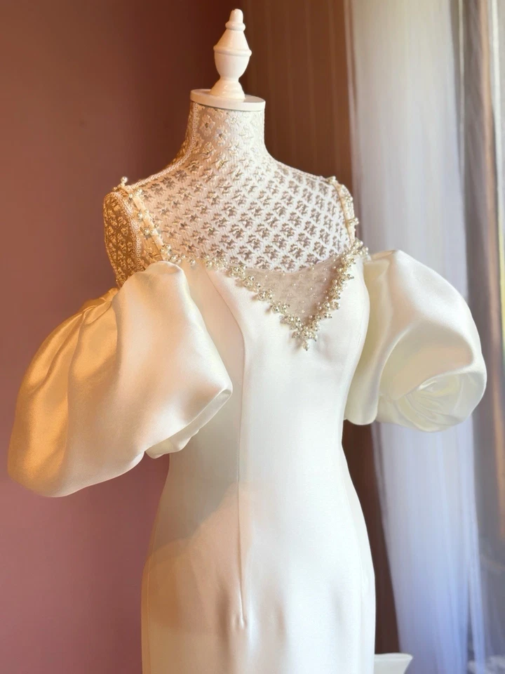 Meerjungfrau Brautkleid mit Trägern - Elfenbein mit Perlen & Schleppe Mikado - Bild 2 von 4