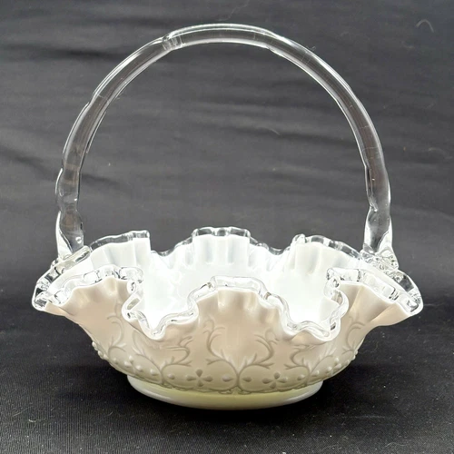 Vintage Fenton Spanish Lace White Milk Glass Silver Crest Basket Ruffled Edge 8"