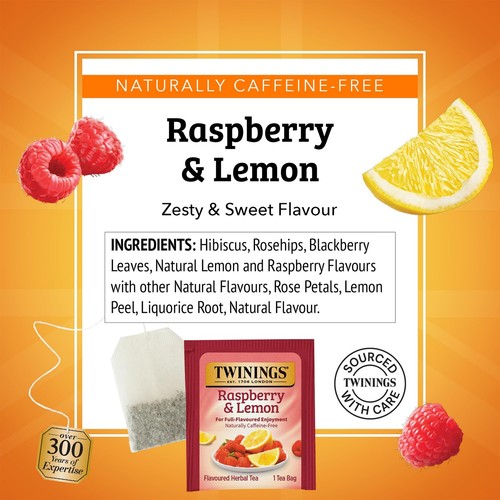 Twinings Raspberry Lemon Herbal Tea Bags 20 Count Individually Wrapped - Picture 4 of 6