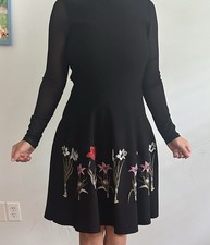 Woman’s Floral Black Dress Size Medium Long Sleeves Knee Length Stretch Casual