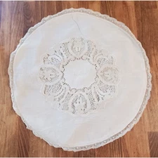 Victorian White Linen Lace Cotton Embroidered ECM, Pillow Cover round 16"