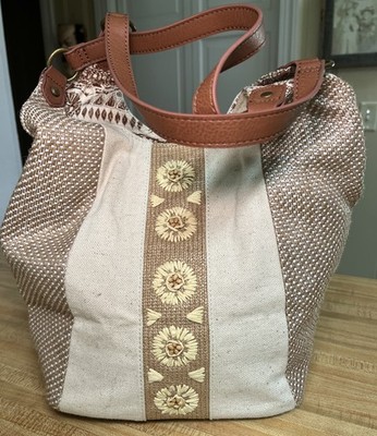 Sakroots Roma Shopper Hobo Shoulder Bag Tote Purse, Woven, Tan & Off White