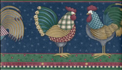 DEBBIE MUMM WHIMSICAL COUNTRY ROOSTERS ON BLUE WALLPAPER BORDER
