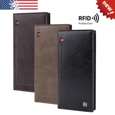 Business Men's Leather Bifold Wallet RFID Blocking Checkbook Cover Long Purse
