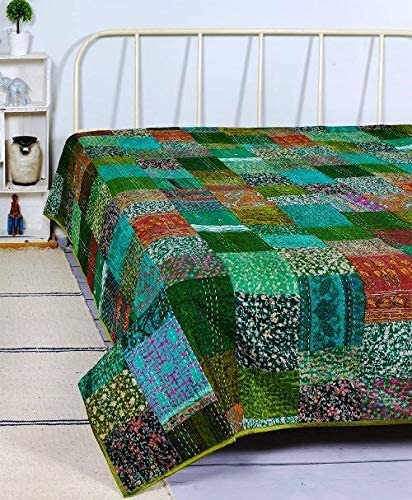 Bohemian Patchwork Quilt Indian Handmade Blanket Bedspread Kantha Silk Coverlet - Picture 1 of 4