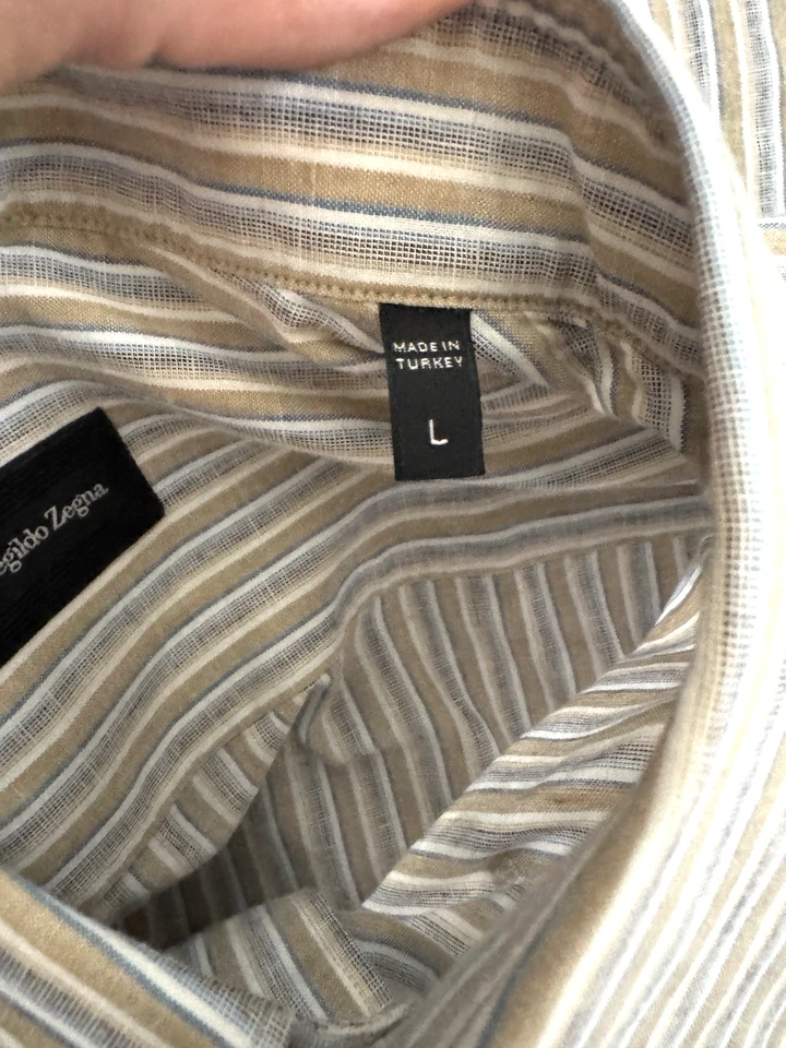 Ermenegildo Zegna Recent Dress Shirt Men's Large 16.5" Linen-Blend Beige Striped - Image 3 of 4