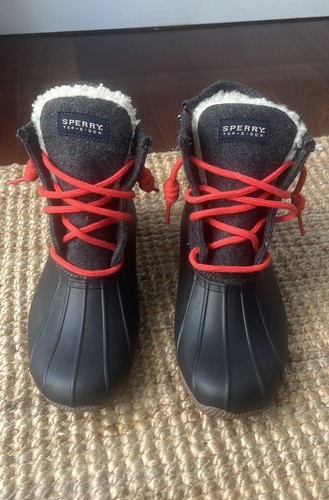 Women's Sperry® for J.Crew Shearwater Flannel Boots Size 7 Black / Red Laces - Picture 2 of 13