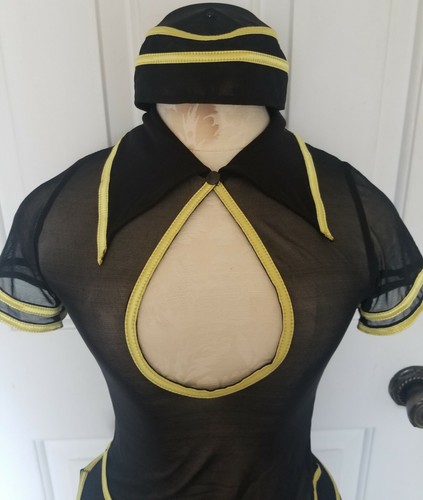 Schwarz gelb gestreift Gr. S Hemd Seemann Uniform Dessous Schlüsselloch Spitze mit Kappe - Bild 2 von 7